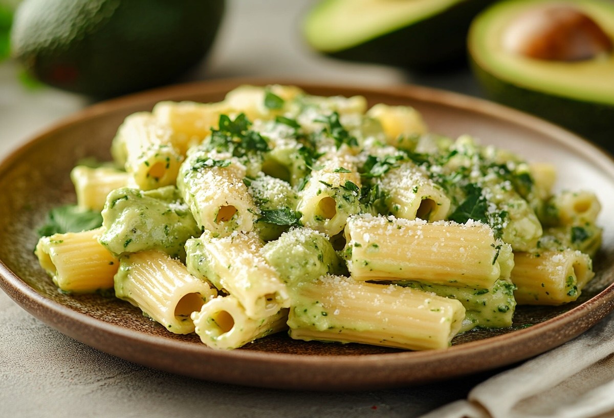 Ein Teller Nudeln mit Avocado-Feta-Soße, dahinter ein paar Avocados.
