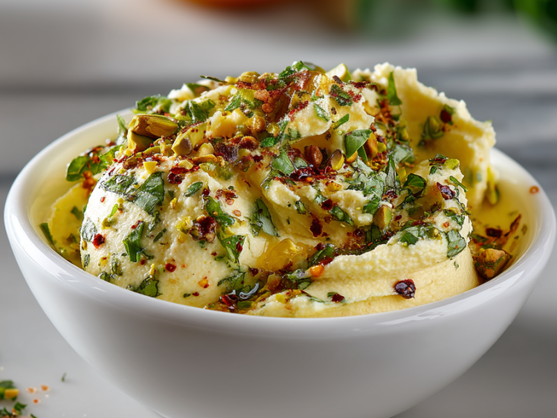 Eine Schale mit Orangen-Pistazien-Butter, die auf einer hellen Arbeitsfläche steht. Rechts kann man angeschnitten eine Schale mit roten Chilis erkennen.
