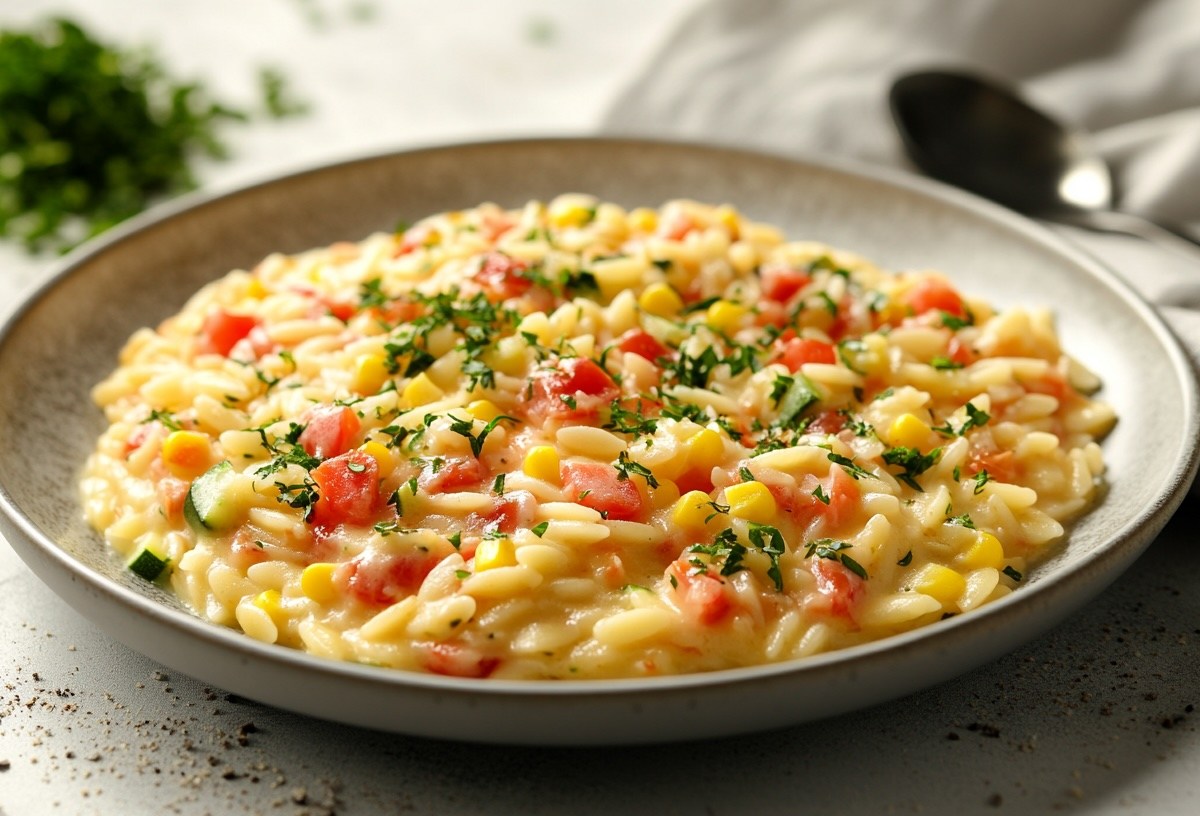 Ein Teller Orzotto mit Zucchini, Tomaten und Mais, daneben ein Löffel und eine Stoffserviette.