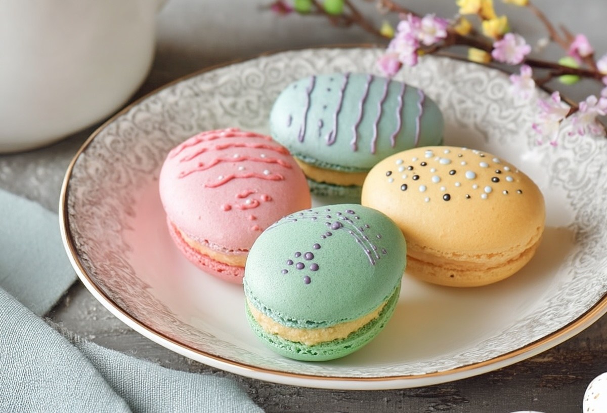Ein Teller mit 4 Osterei-Macarons, die mit Zuckerschrift verziert wurden.