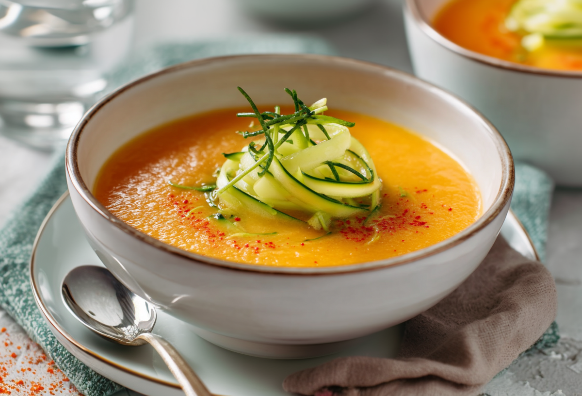 Eine Schale Paprika-Rhabarbersuppe auf einer Unterschale. Daneben liegt ein Löffel. Die Suppe ist mit dünn geschnittenen Gurkenstreifen angerichtet. Im Hintergrund steht ein Glas Wasser sowie eine weitere Paprika-Rhabarber-Suppe.
