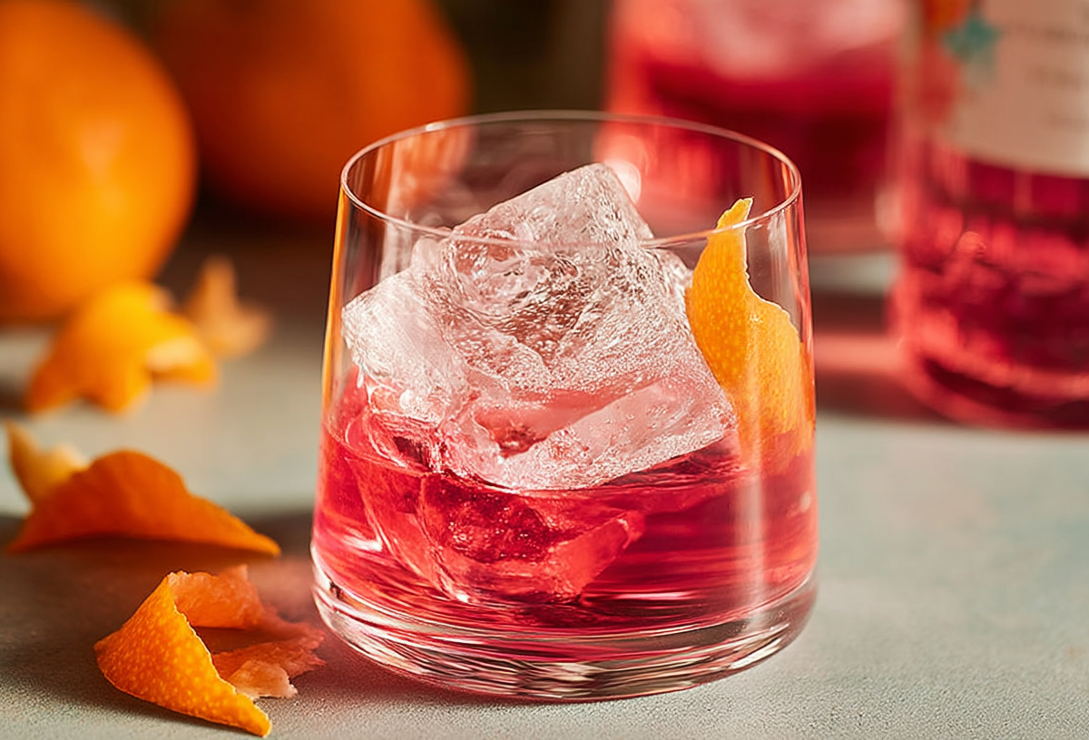 Ein Glas Pink Negroni auf einem Tisch. Der Drink ist mit einer Orangenzeste garniert.