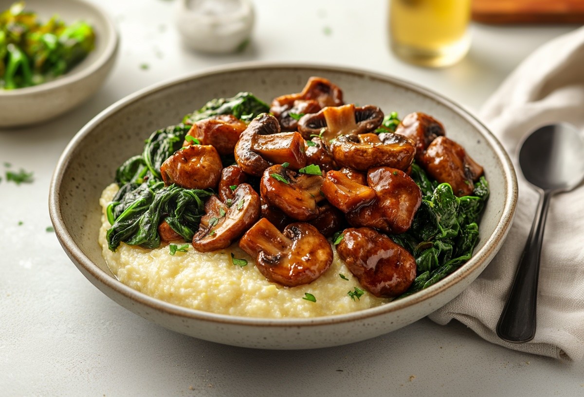 Polenta mit Champignons und Spinat in einer Schüssel, daneben ein Löffel und eine Stoffserviette, im Hintergrund einige Zutaten.