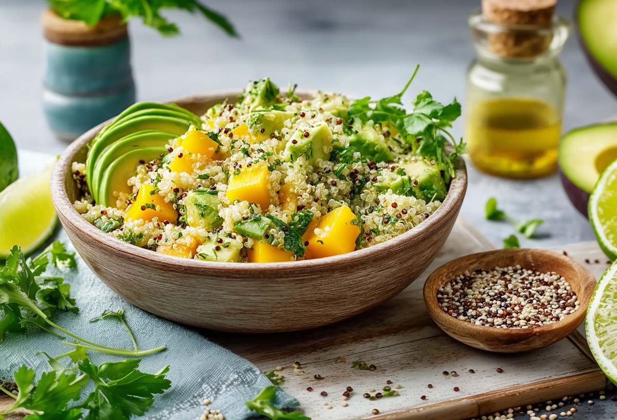 Eine Schüssel mit Quinoa-Avocadosalat steht auf einer Holzunterlage auf grauem Untergrund. Links neben der Schale liegt frische Petersilie, eine Limettenspalte sowie eine Limette. Rechts neben der Schale steht ein Schälchen mit Quinoa sowie eine halbierte Limette, eine halbierte Avocado und im Hintergrund ein Fläschchen Öl.