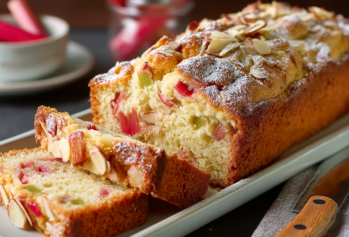 Ein angeschnittener Rhabarber-Marzipan-Kuchen aus der Kastenform, mit Puderzucker bestäubt.
