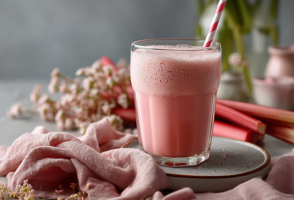 Ein Glas mit Rhabarber-Quark-Shake. Im Glas steckt ein rosa und weiß gestreifter Strohhalm. Um das Glas liegt ein rosa Küchenhandtuch drapiert. Außerdem sind einige Stangen Rhabarber, weiße Trockenblumen und einige verschieden große Deko-Gefäße zu sehen.