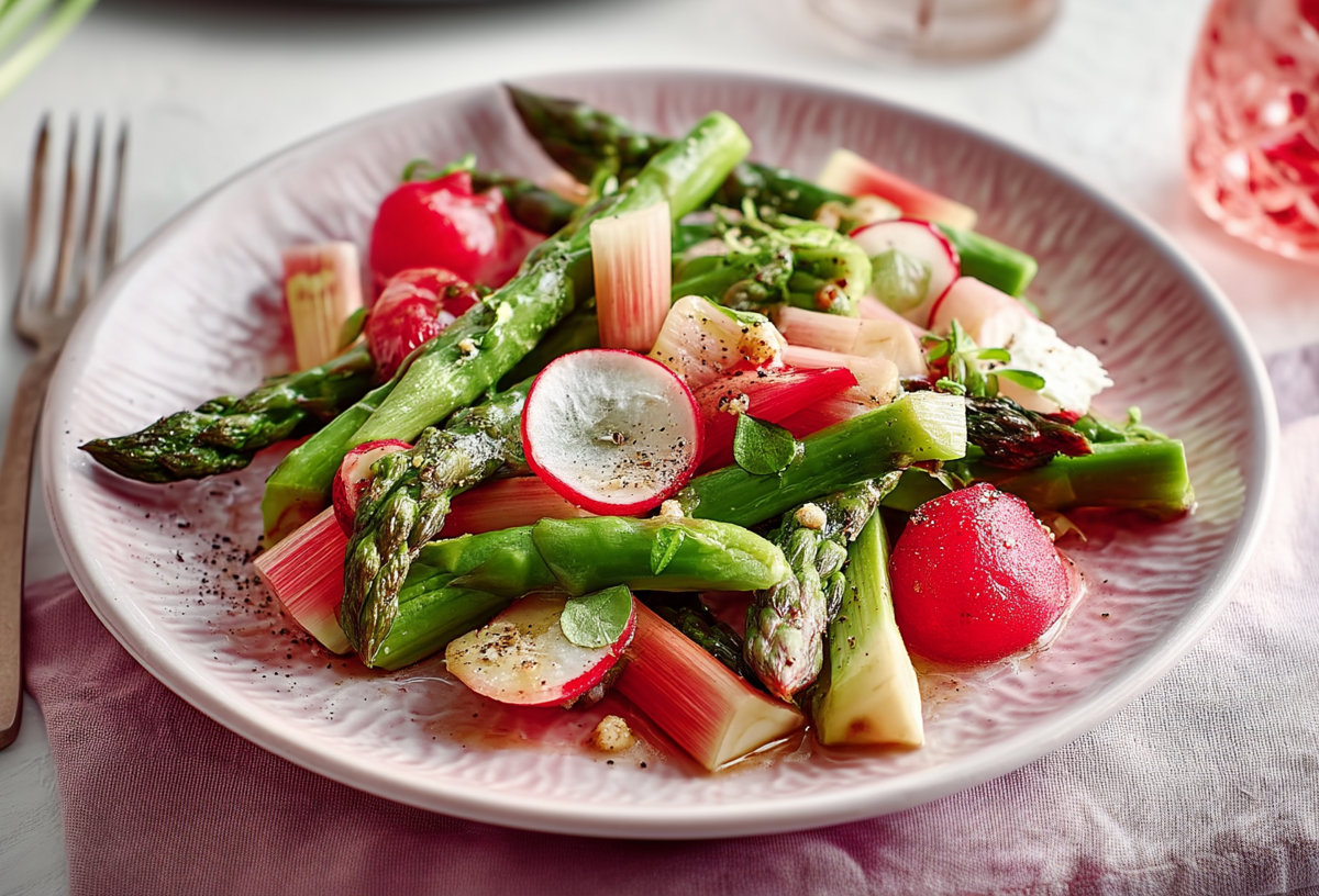 Rhabarber-Spargel-Salat mit Radieschen auf einem hellpinken Teller.