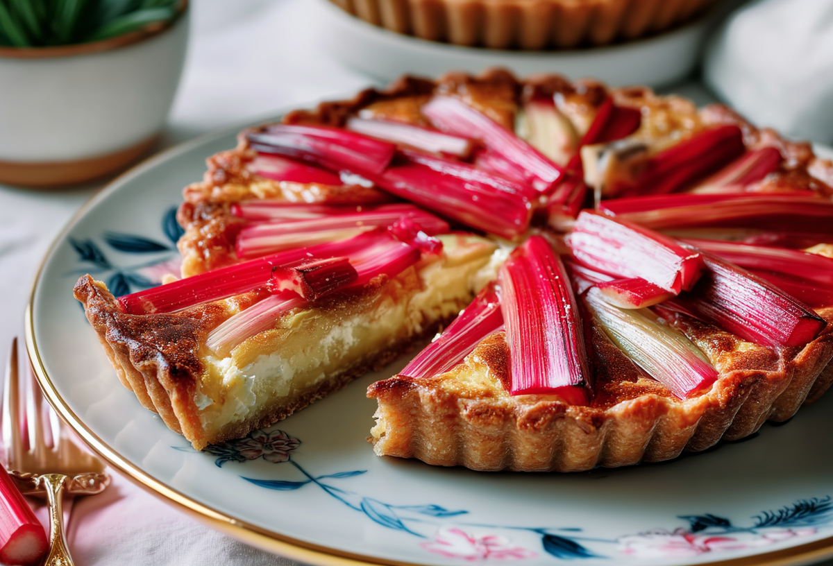 Eine Rhabarber-Ziegenkäse-Tarte auf einem Teller mit Blumenmuster. Daneben liegt eine Gabel sowie zwei weitere kleine Rhabarberstangen.