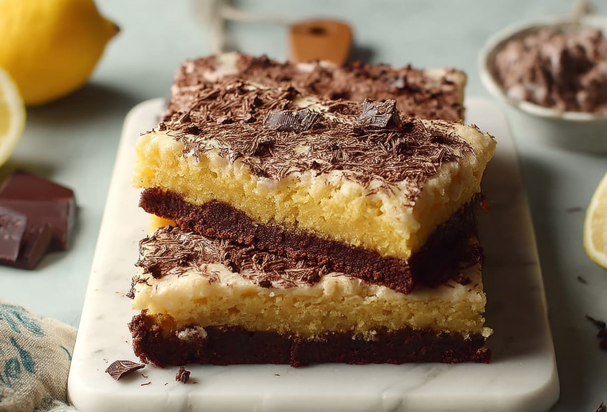 Mehrere Stücke Schoko-Zitronenkuchen vom Blech.