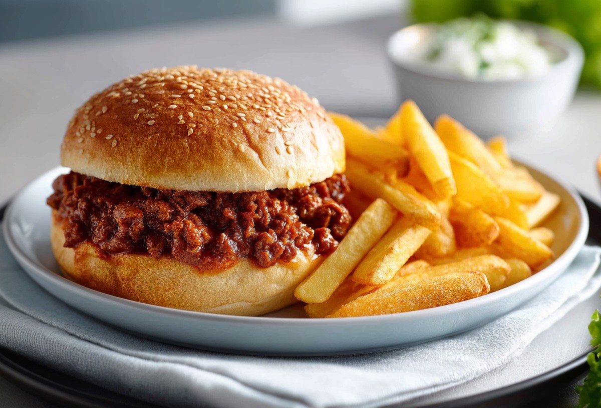 Ein Sloppy Joe Burger auf einem Teller mit Pommes, daneben etwas frischer Salat.