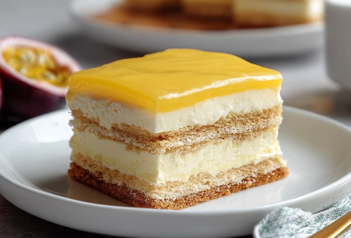 Ein Stück Solero-Tiramisu auf einem Teller, dahinter eine halbierte Maracuja.