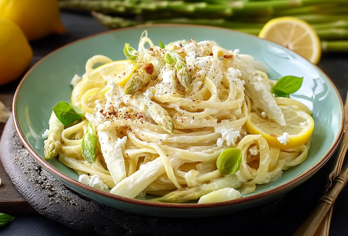 Ein blau-schwarzer Teller mit Spargel-Feta-Pasta, garniert mit Basilikum.