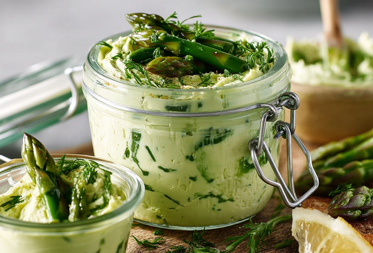 Spargel-Frischkäse-Aufstrich in einem Einmachglas, garniert mit Stücken frischem Spargel.