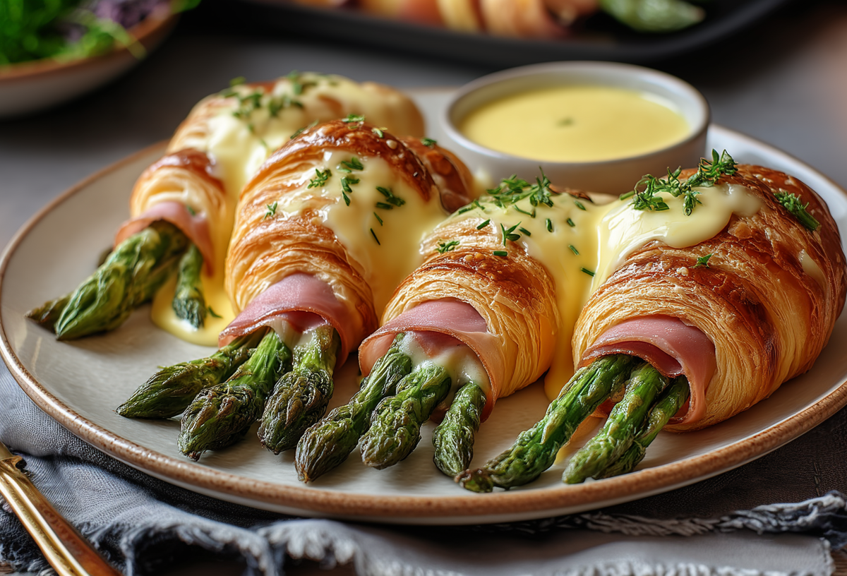 Vier Spargel-Schinken-Croissants liegen auf einem grauen Teller. Sie sind mit grünem Spargel und Schinken gefüllt und mit Hollandaise-Soße übergossen. Links neben dem Teller liegt eine Gabel. Im Hintergrund liegen noch einige Zutaten.