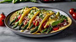 Ein großer Teller mit einigen Spargel-Tacos. Um den Teller herum liegen ein paar Tomaten. Im Hintergrund kann man einige Stangen Spargel erahnen.