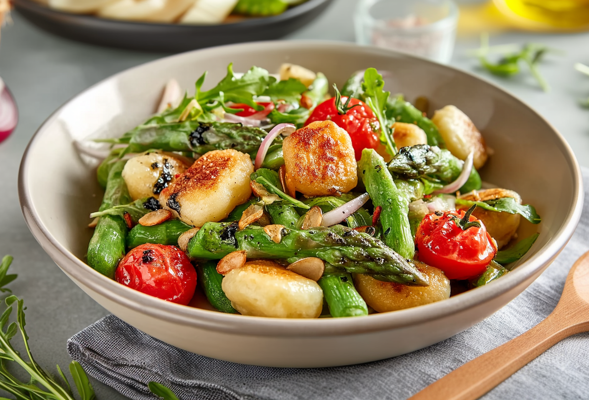 Eine Schüssel Spargelsalat mit Gnocchi steht auf einem grauen Tuch auf einem grauen Tisch. Rechts daneben liegt ein Kochlöffel aus Holz. Davor liegen ein paar frische Kräuter. Im Hintergrund sieht man noch eine aufgeschnittene Zwiebel.