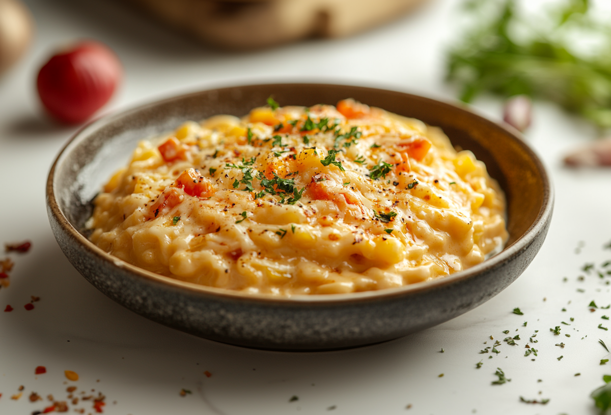 Ein Teller mit Spätzle'n'Cheese auf einem hellen Untergrund. Im Hintergrund sieht man noch eine gelbe Paprika, eine Zwiebel, frische Kräuter und zwei Knoblauchzehen.