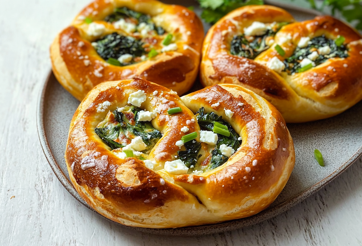 Drei Spinat-Feta-Brezel liegen auf einer grauen Schale. Im Hintergrund liegen noch frische Kräuter.