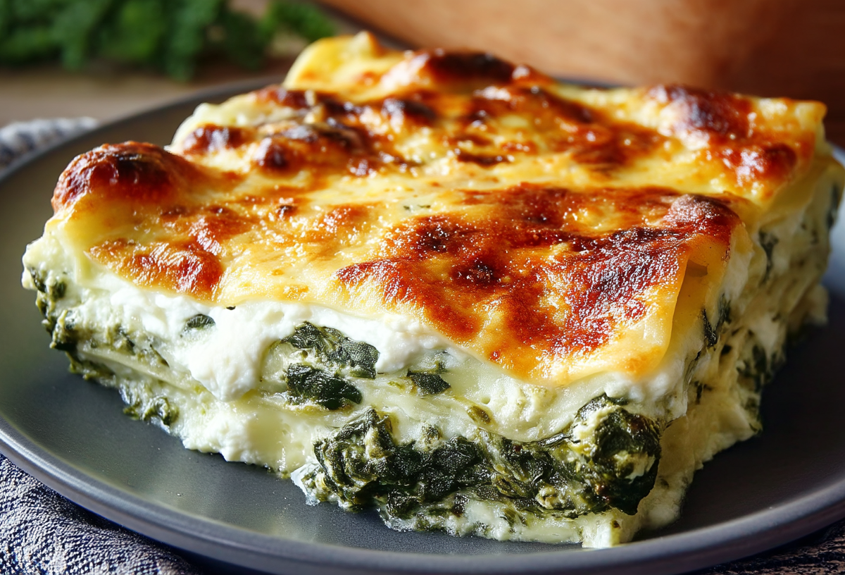 Ein Stück Spinat-Frischkäse-Lasagne auf einem dunklen Teller.
