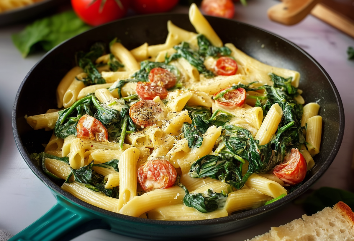 Eine Spinat-Nudelpfanne auf grauem Untergrund. Sie ist mit Blattspinat, Tomaten und Penne zubereitet. Rechts unten im Bild ist eine Scheibe Brot, darüber ein paar Tomaten. Links oben sieht man weitere Tomaten und links neben der Pfanne steht ein Holzbrett mit etwas geriebenem Käse.