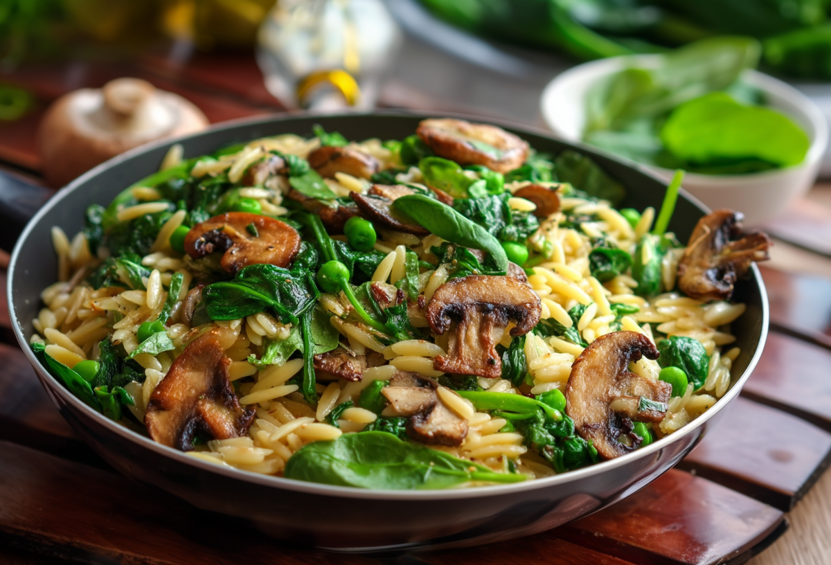 Eine Spinat-Orzo-Pfanne mit Pilzen auf einer hölzernen Unterlage. Im Hintergrund liegen weitere Zutaten, wie frischer Spinat und Champignons.