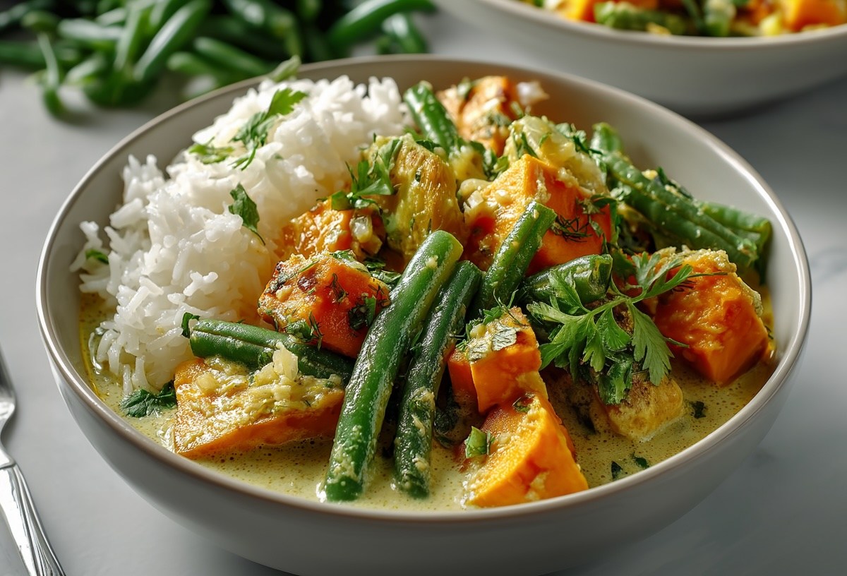 Ein Teller Süßkartoffelcurry mit grünen Bohnen und Reis. Daneben eine Gabel.