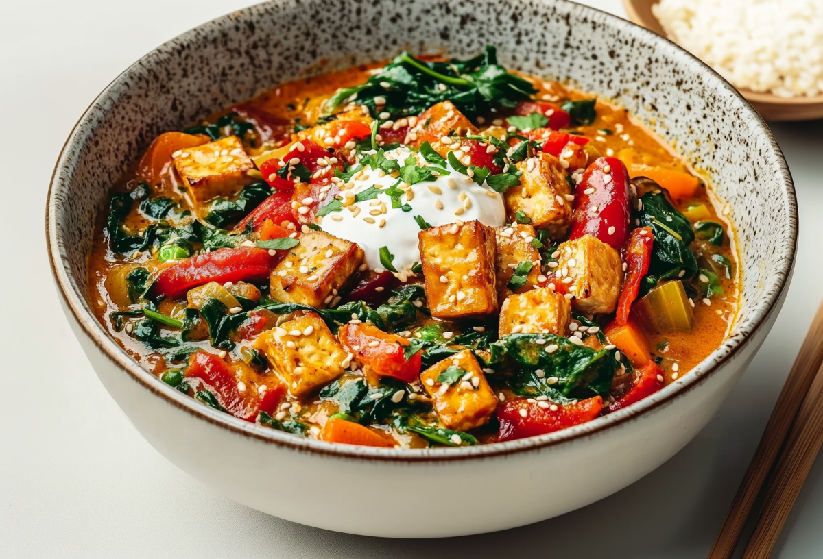 Eine Schüssel Thai-Curry auf einem weißen Tisch. Es ist mit Paprika, Spinat, Tofu und Joghurt zubereitet. Rechts neben der Schale liegen zwei Essstäbchen, rechts im Hintergrund steht eine Schale mit Sesamkörnern.