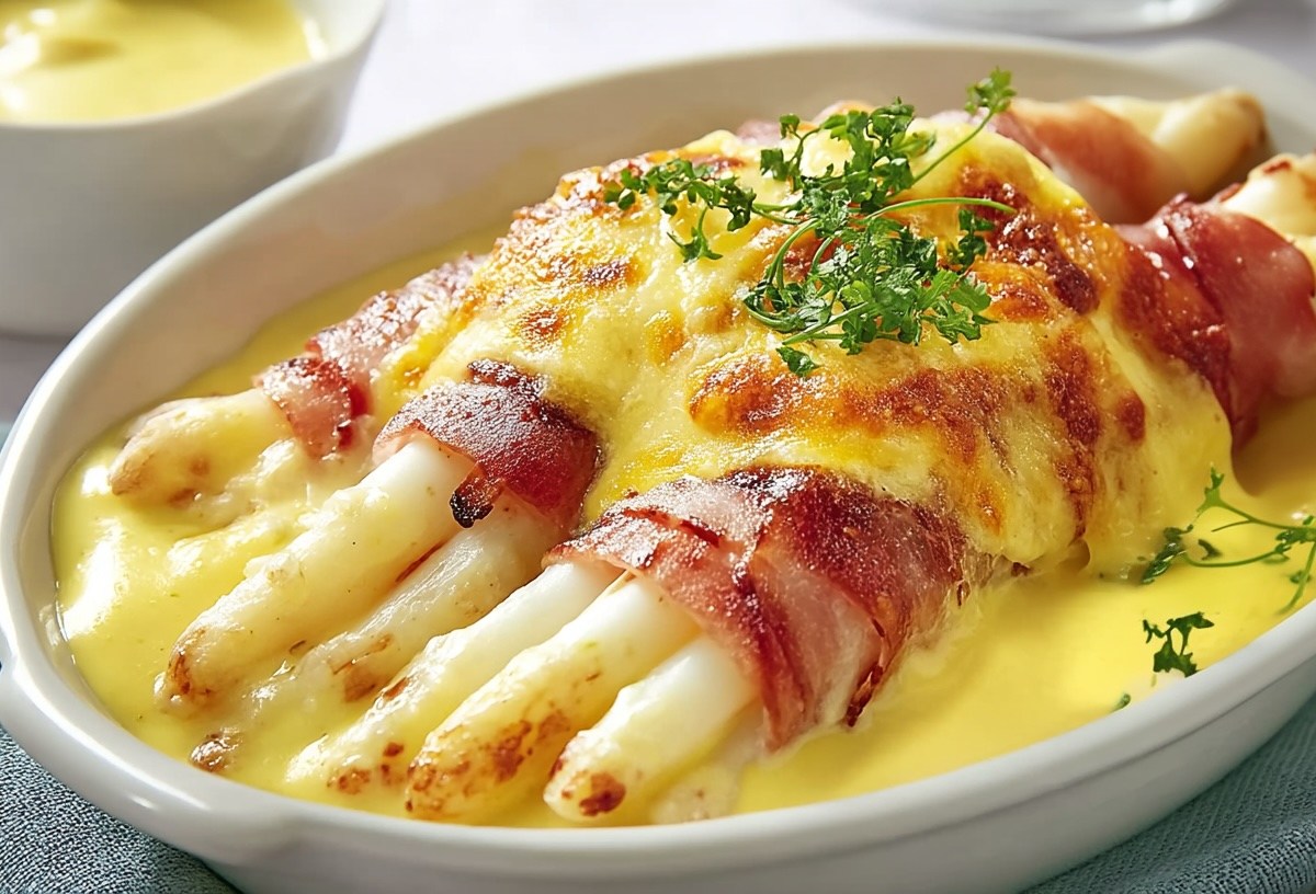 Überbackener Spargel mit Schinken und Sauce hollandaise in einer Auflaufform, bestreut mit Kräutern. Daneben eine Schale mit der Sauce hollandaise. Nahaufnahme.
