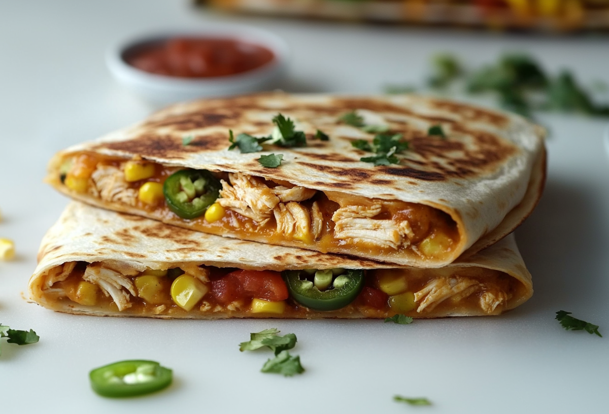 Zwei vegane Hähnchen-Quesadillas liegen übereinander auf einem hellen Untergrund. Sie sind mit Jackfrucht-Stücken, gehackten Tomaten, Mais und Jalapeños gefüllt. Um sie herum liegen frischer Koriander, Mais und eine Jalapeñoscheibe.