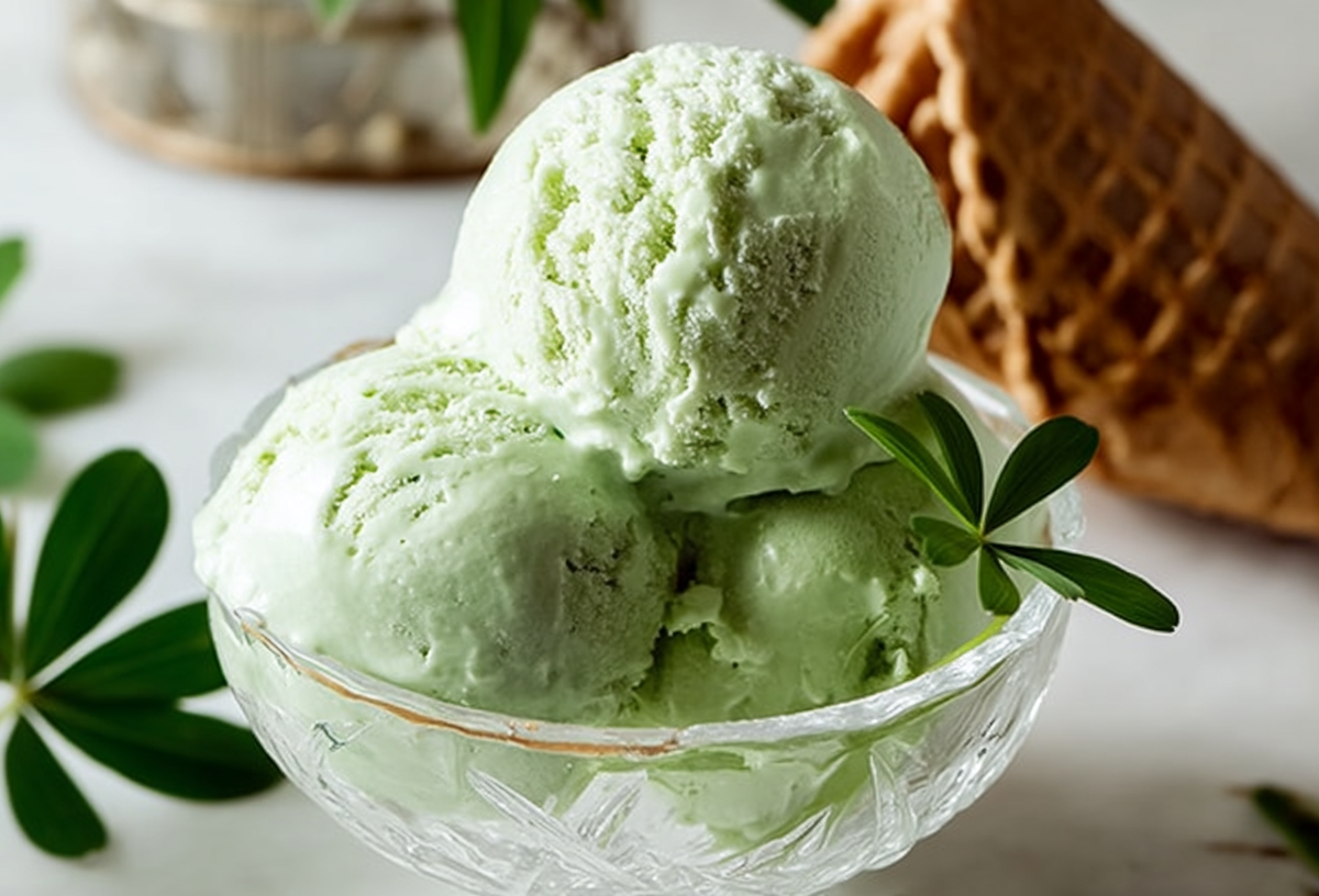 Drei Kugeln Waldmeister-Eis in einer Glasschale. Es ist mit Waldmeister-Blättern garniert. Dahinter liegt eine Eiswaffel.