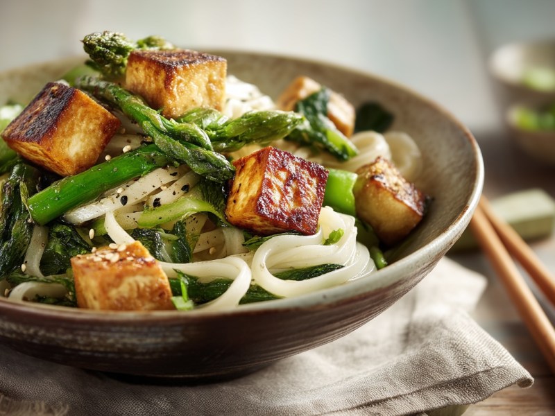 Zitronenspargel mit Reisnudeln und knusprig gebratenem Tofu