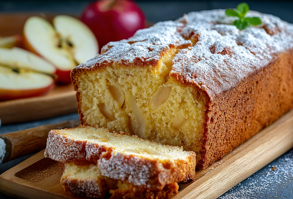 Apfel-Marzipan-Kuchen aus der Kastenform, von dem einige Stücke angeschnitten wurden.