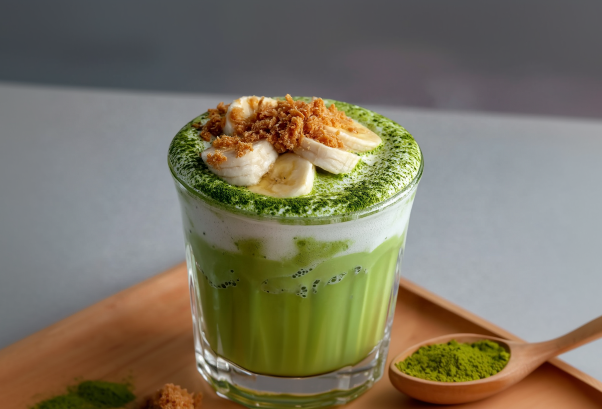 Ein Glas mit Banana-Pudding-Matcha auf einem Holztablett. Rechts neben dem Glas liegt ein Holzlöffel mit Matchapulver. Links liegt ebenfalls etwas Matchapulver sowie Keksbrösel