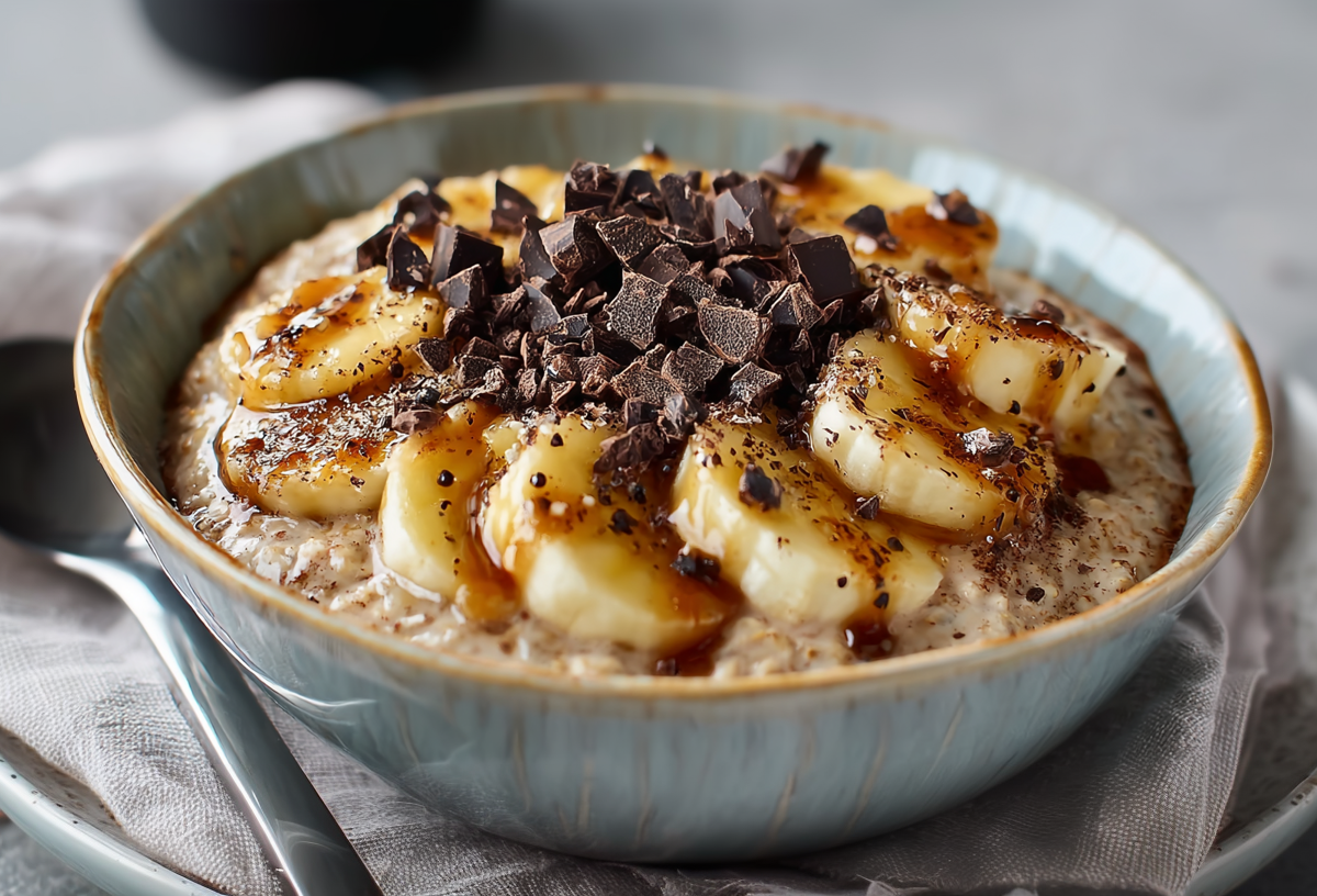 Eine Schüssel mit Banana-Split-Porridge auf einem Tuch. Darunter steht ein Teller. Links neben der Schüssel liegt ein Löffel.