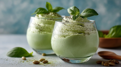 Zwei Gläser mit Basilikum-Mousse, die mit einigen frischen Basilikumblättern garniert sind. Drum herum liegen einige Pistazien, ein Holzlöffel und ein Basilikumblatt.
