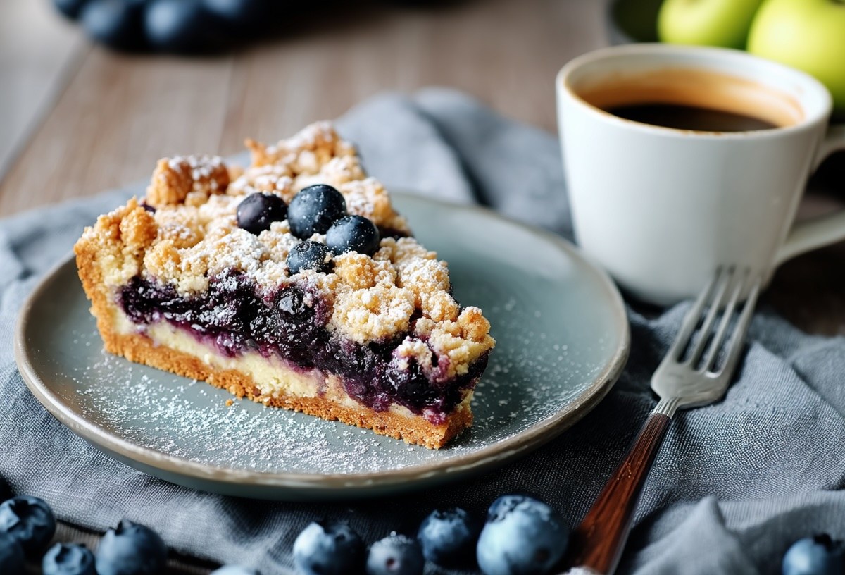 Ein Stück Blaubeer-Streuselkuchen auf einem Teller, drumherum frische Beeren, eine Gabel, eine Stoffserviette und eine Tasse Kaffee.