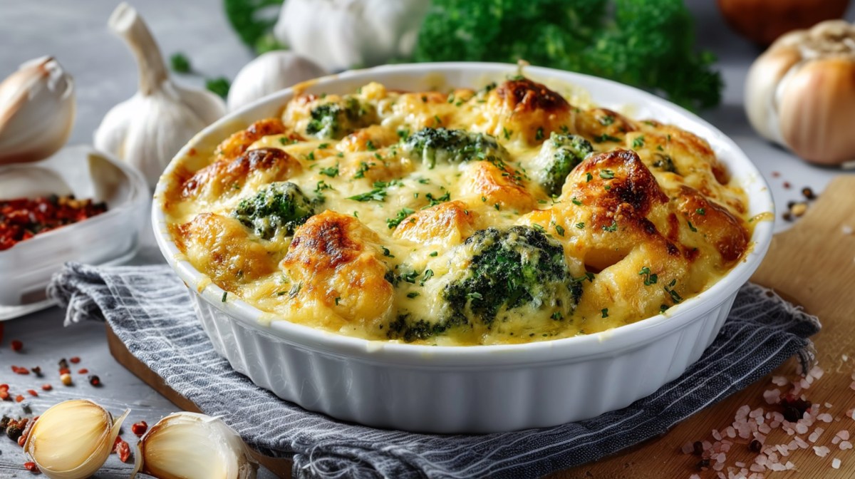 Form mit Brokkoli-Gnocchi-Auflauf auf einem Tisch