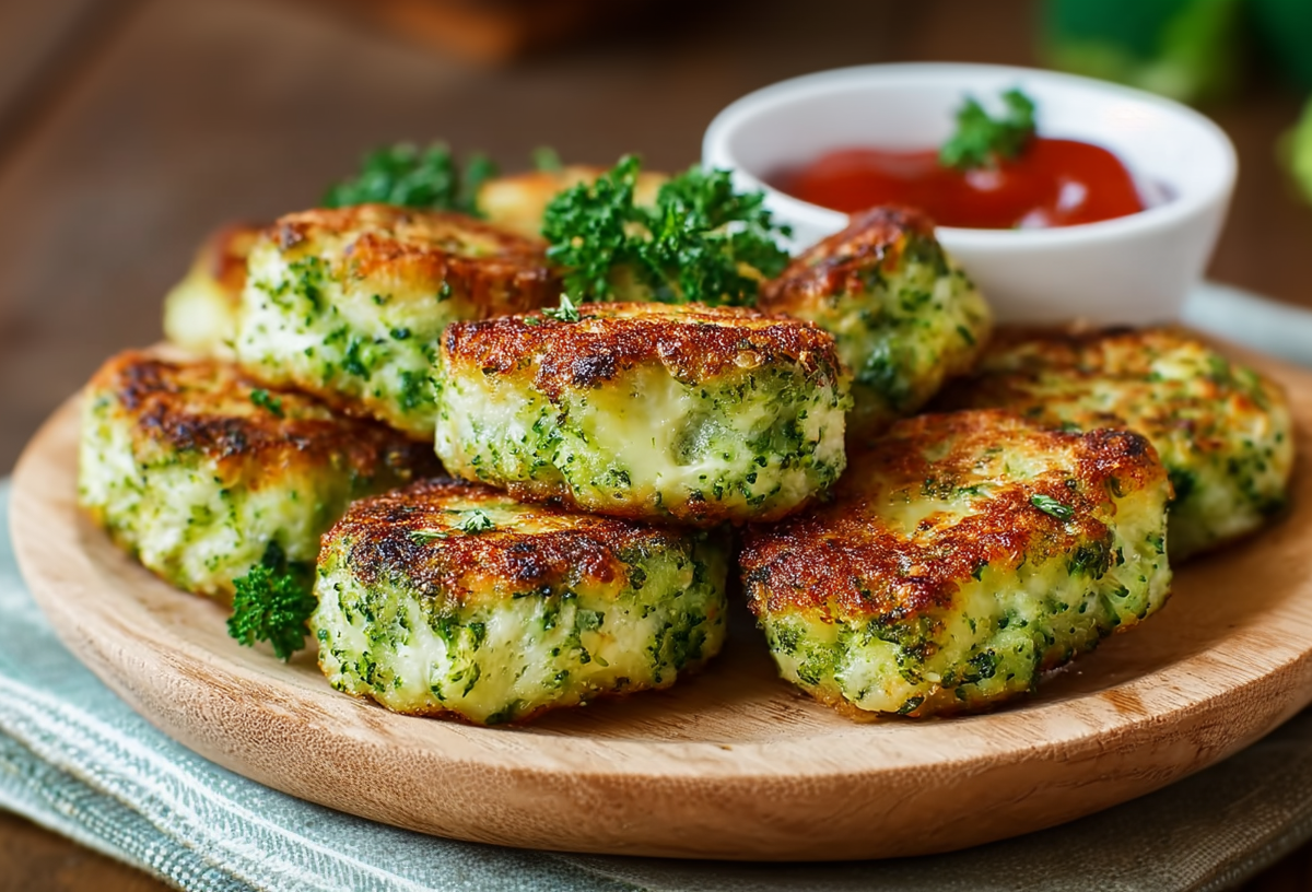 Mehrere Brokkoli-Käse-Nuggets liegen auf einem Holzteller. Der Teller liegt auf einem Küchentuch auf einem Holztisch. Im Hintergrund sieht man eine Schale mit Ketchup.