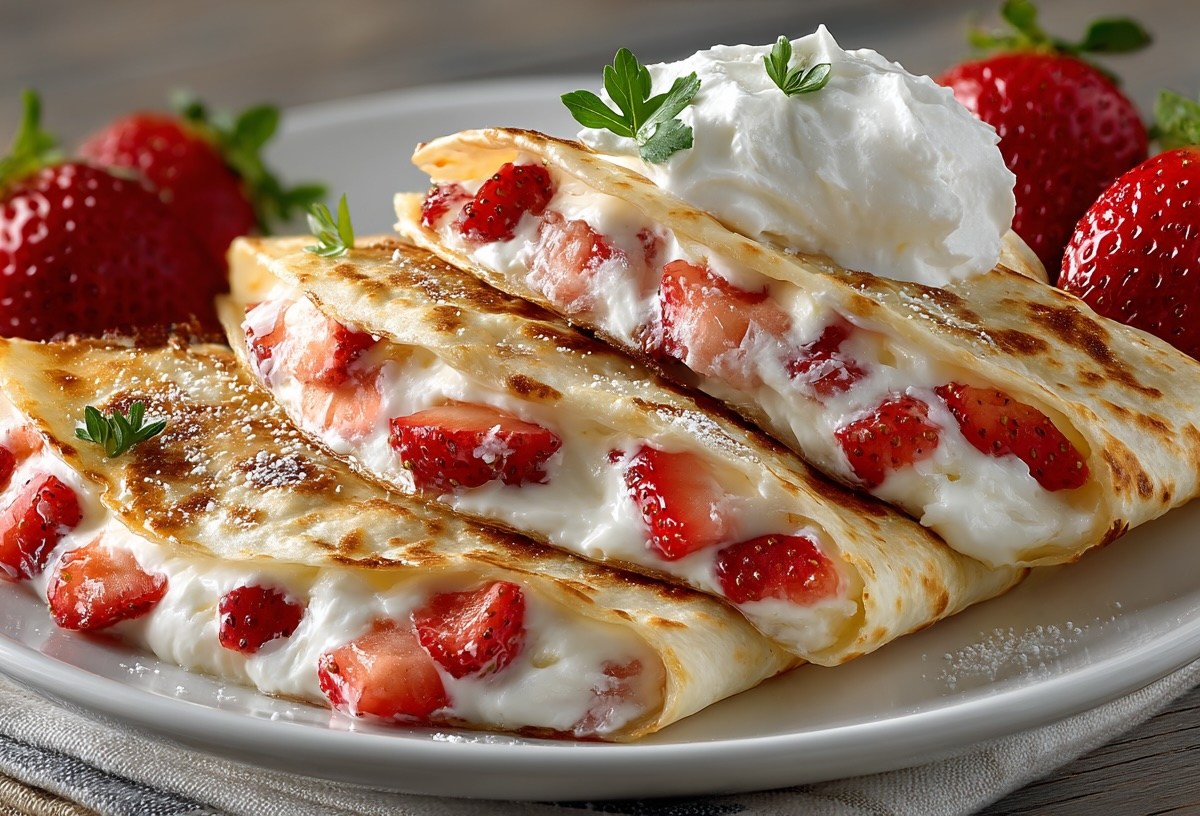 3 Cheesecake-Quesadillas mit Erdbeeren auf einem Teller.
