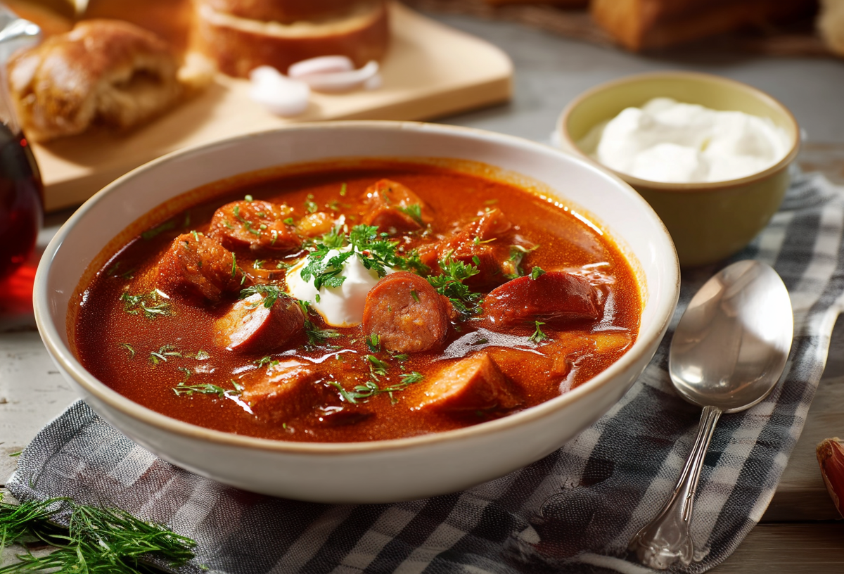 Eine Schüssel mit Currywurstsuppe steht auf einem Tuch auf einem Holztisch. Links im Bild steht ein Glas mit Öl, im Hintergrund sieht man etwas Brot. Rechts neben der Schüssel steht ein Schälchen mit Schmand, ein Löffel sowie zwei rote Zwiebeln. Vor der Schale liegen ein paar frische Kräuter.