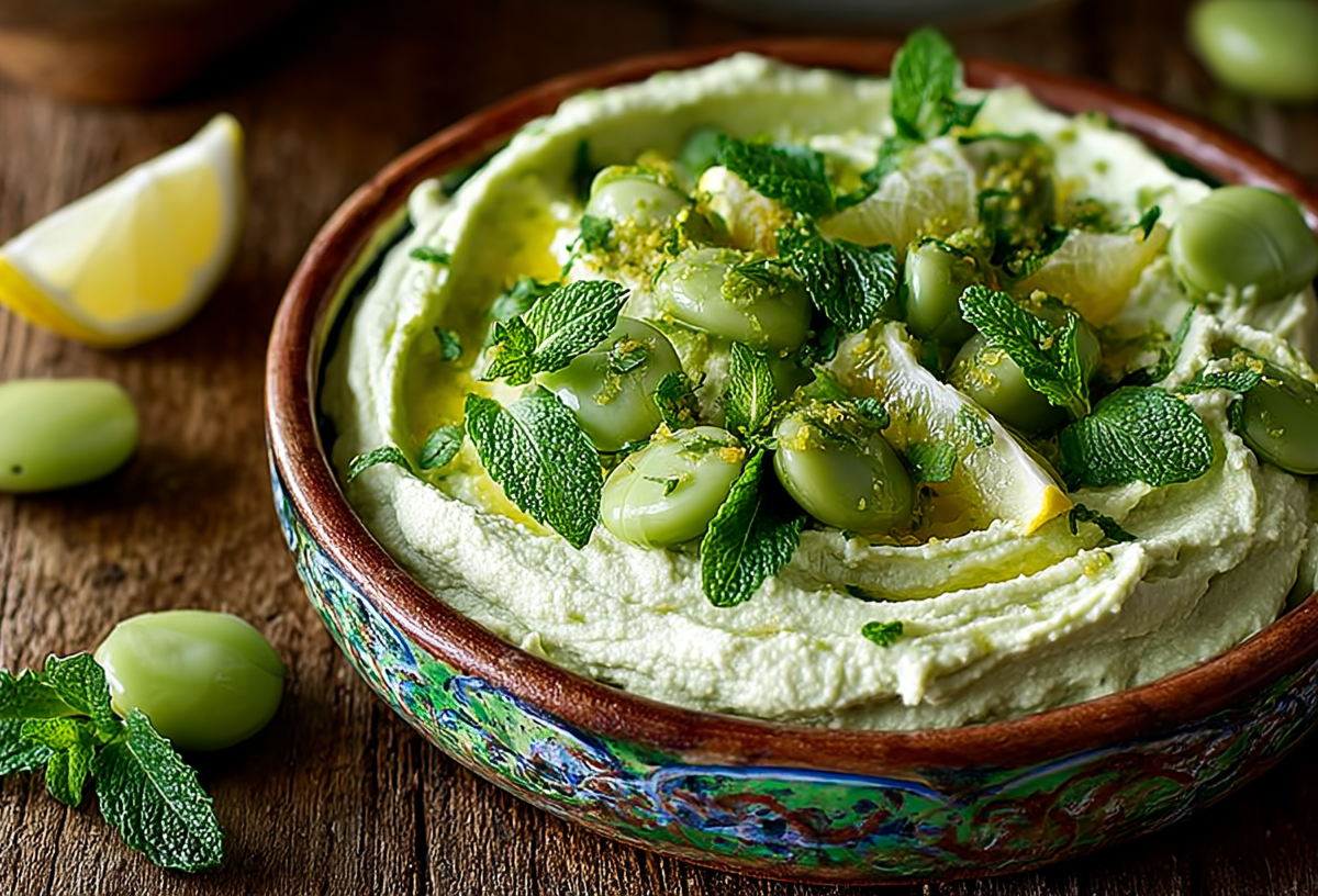 Dicke-Bohnen-Hummus in einer blau-braunen Schüssel.