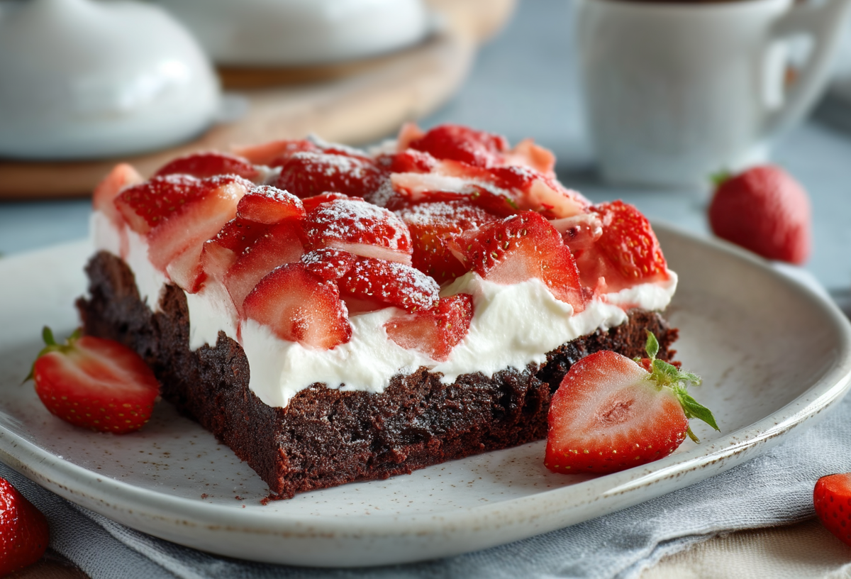 Ein Stück Erdbeer-Brownie-Kuchen auf einem grauen Teller. Drumherum liegen ein paar Erdbeeren verteilt. Im Hintergrund sieht man kleine Speiseglocken und eine Tasse stehen.