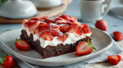 Ein Stück Erdbeer-Brownie-Kuchen auf einem grauen Teller. Drumherum liegen ein paar Erdbeeren verteilt. Im Hintergrund sieht man kleine Speiseglocken und eine Tasse stehen.