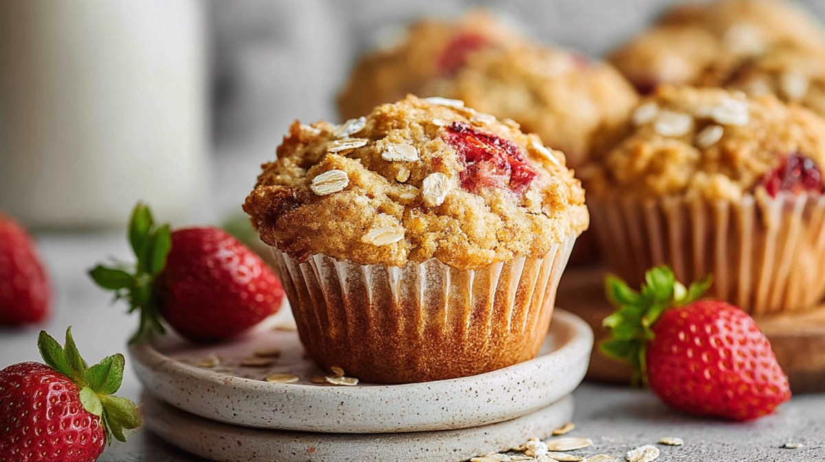 Erdbeer-Haferflocken-Muffins auf einem Tisch, frische Erdbeeren daneben