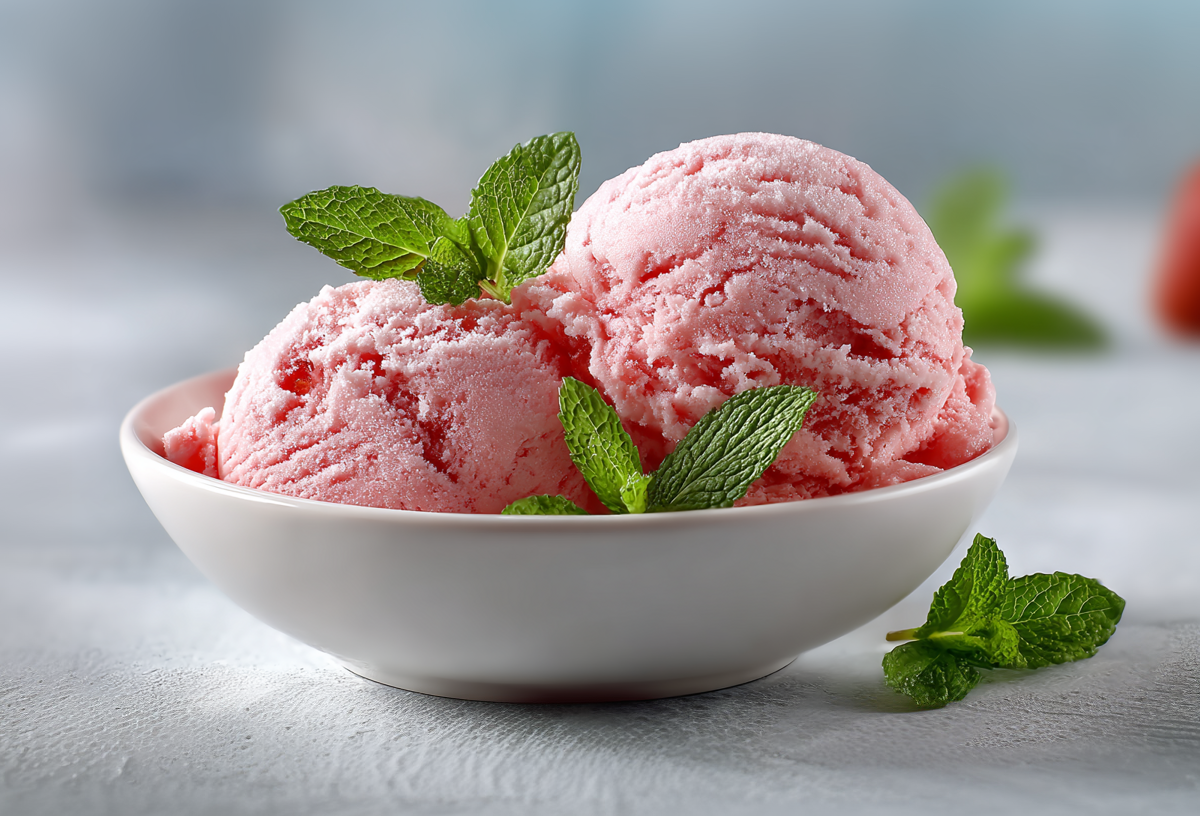 Zwei Kugeln Erdbeer-Minz-Eis in einer weißen Schale. Sie sind mit frischen Minzblättern garniert. im Hintergrund sieht man etwas Minze sowie eine Erdbeere.