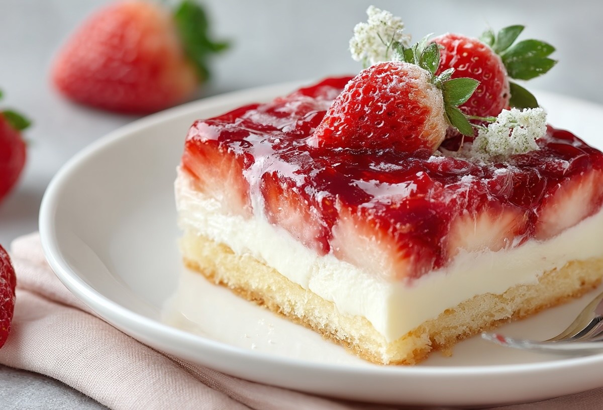 Ein Stück Erdbeer-Schmandkuchen vom Blech auf einem Teller, daneben eine Gabel und frische Erdbeeren.
