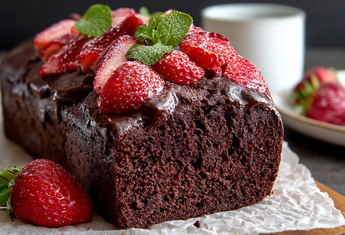 Erdbeer-Schokokuchen aus der Kastenform, garniert mit Erdbeeren und Minzblättern.