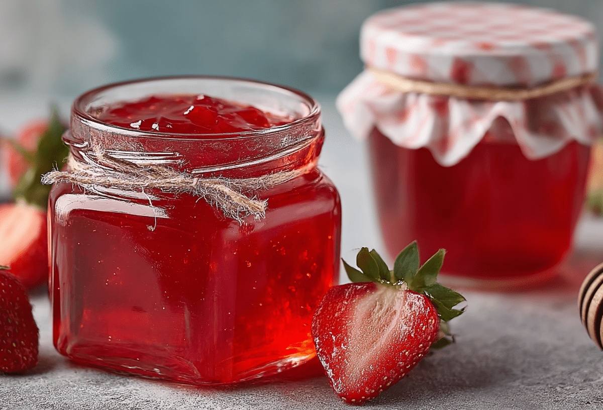 Zwei Gläser Erdbeergelee, drum herum liegen frische Erdbeeren.