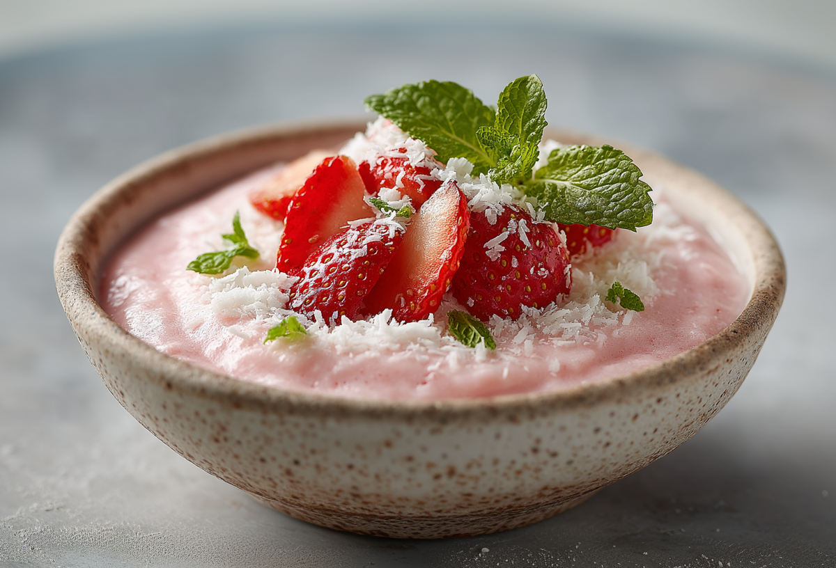 Eine Schüssel mit selbstgemachtem Erdbeerjogurt. Er ist mit geschnittenen Erdbeeren, Kokosraspeln und Minze garniert