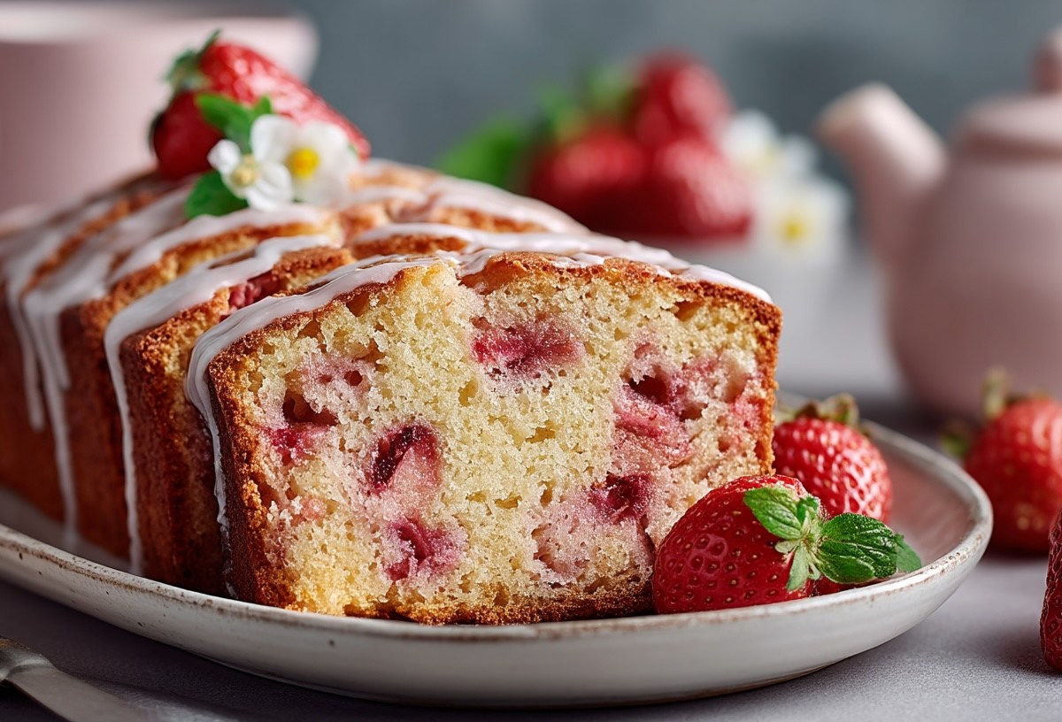 Erdbeerkuchen aus der Kastenform angeschnitten auf einem Teller, garniert mit frischen Erdbeeren und Zuckerguss.